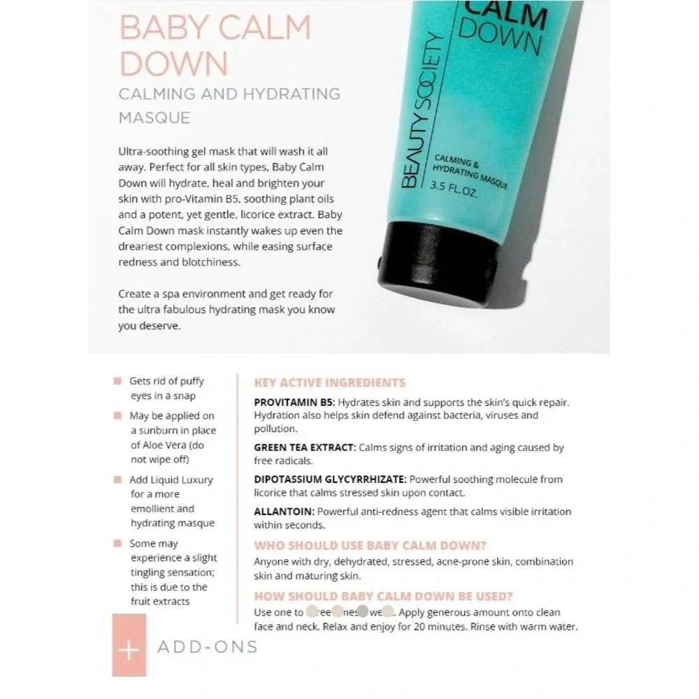 Beauty Society Baby Calm Down Calming And Hydrating Masque 3.5 fl oz NEW Sealed